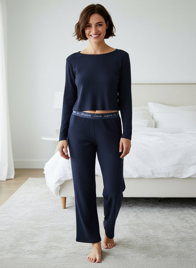 trendyol Navy Blue Slogan Elastic Detailed Ribbed Knitted Pajama Set THMAW21PT0269 - Image 1