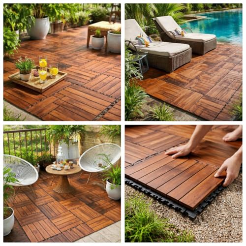 yorten Wood Flooring Natural Solid Deck Tiles Wood Flooring Interlocking Parquet Flooring for Balcony Bathroom Backyard Indoor and Outdoor Garden Balcony Poolside 12 x 12 Inch (10) - Image 3