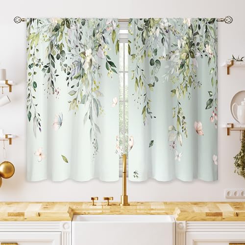 oolygoo Eucalyptus Botanical Leaves Floral Kitchen Window Curtains Butterfly Farmhouse Flower Leaf Small Window Treatment Sage Green Cafe Short Curtains for Bathroom Treatment Tier Drapes 27.9x39 inch - Image 1