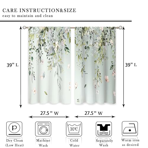 oolygoo Eucalyptus Botanical Leaves Floral Kitchen Window Curtains Butterfly Farmhouse Flower Leaf Small Window Treatment Sage Green Cafe Short Curtains for Bathroom Treatment Tier Drapes 27.9x39 inch - Image 3