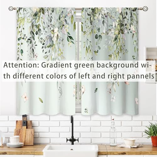 oolygoo Eucalyptus Botanical Leaves Floral Kitchen Window Curtains Butterfly Farmhouse Flower Leaf Small Window Treatment Sage Green Cafe Short Curtains for Bathroom Treatment Tier Drapes 27.9x39 inch - Image 2
