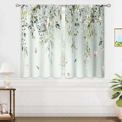 oolygoo Eucalyptus Botanical Leaves Floral Kitchen Window Curtains Butterfly Farmhouse Flower Leaf Small Window Treatment Sage Green Cafe Short Curtains for Bathroom Treatment Tier Drapes 27.9x39 inch - Image 4