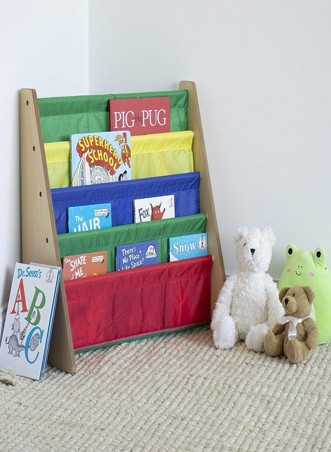Homesmiths Kids Bookshelf, Beige Wood/Natural Book Shelf for Kids Rooms with Four Deep Pockets - Toddler Sling Book Rack with Deep Sleeves, Nursery Bookcase Organizer, 30 cm, 35 cm, 65 cm - Image 5