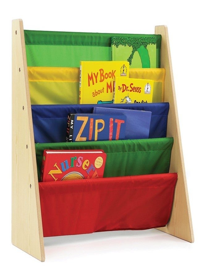 Homesmiths Kids Bookshelf, Beige Wood/Natural Book Shelf for Kids Rooms with Four Deep Pockets - Toddler Sling Book Rack with Deep Sleeves, Nursery Bookcase Organizer, 30 cm, 35 cm, 65 cm - Image 1