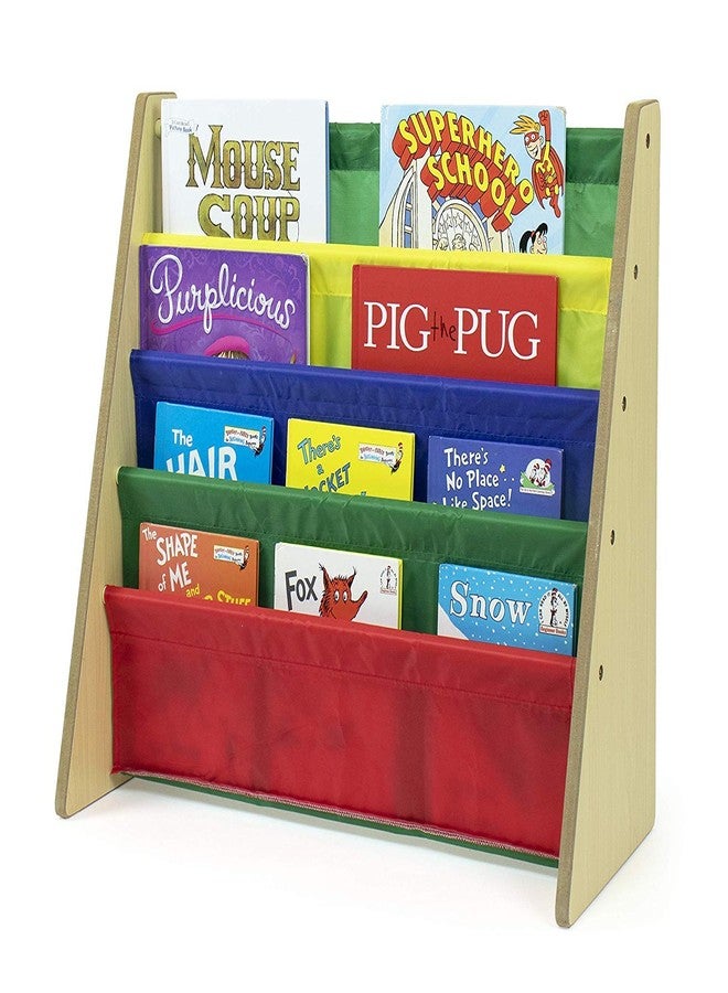 Homesmiths Kids Bookshelf, Beige Wood/Natural Book Shelf for Kids Rooms with Four Deep Pockets - Toddler Sling Book Rack with Deep Sleeves, Nursery Bookcase Organizer, 30 cm, 35 cm, 65 cm - Image 4