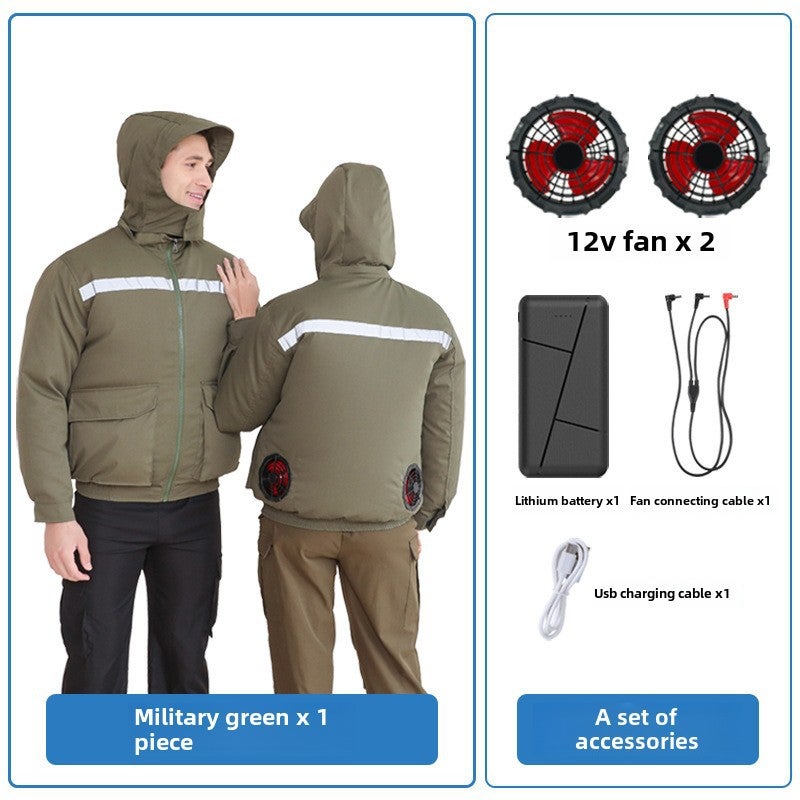 Generic Quad Fan Cooling Jacket Hooded Removable Unisex Workwear UV Protection Army green 12V2 big fan 12V battery 22 