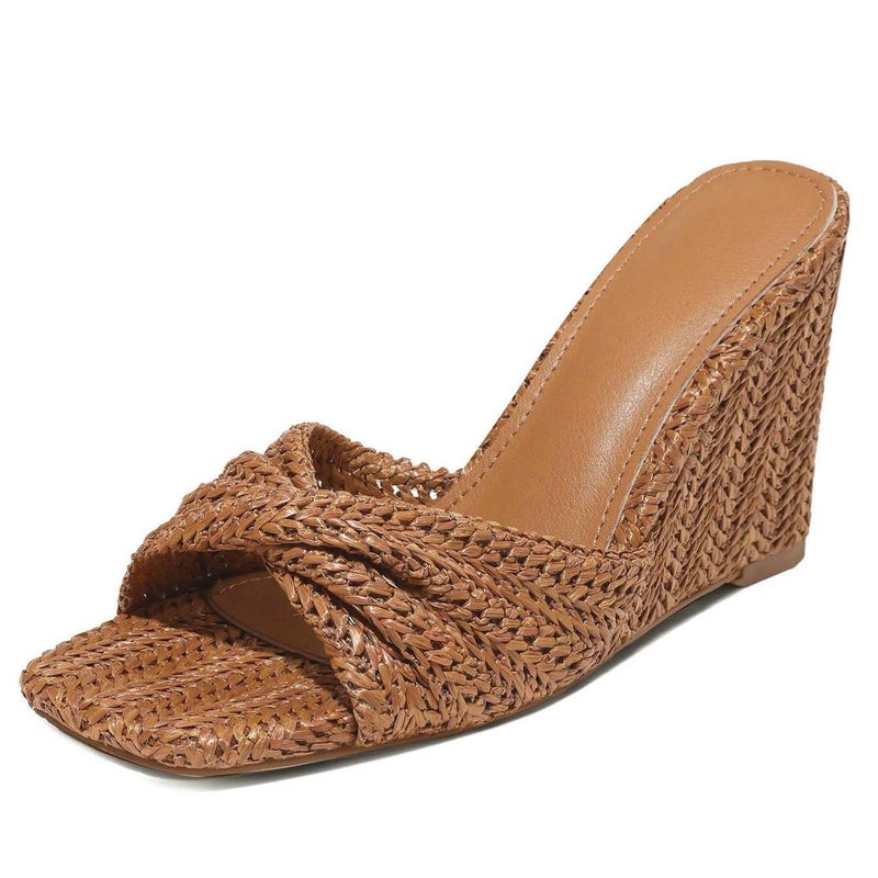 EQAUDES Women's Summer Raffia Wedges Sandals Espadrille Wove Slip on Slippers - Square Toe, Braided, Comfy, Evening, Dressy, Bohemian, Wedding - Image 1