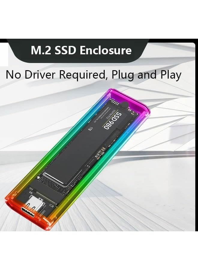 علبة M.2 SSD NVMe إلى USB-C 3.1 الجيل الثاني - علبة خارجية شفافة بدون أدوات مع أضواء LED RGB لمحركات M.2 بمقاسات 2230 2240 2280 - نقل بيانات 10 جيجابت/ثانية