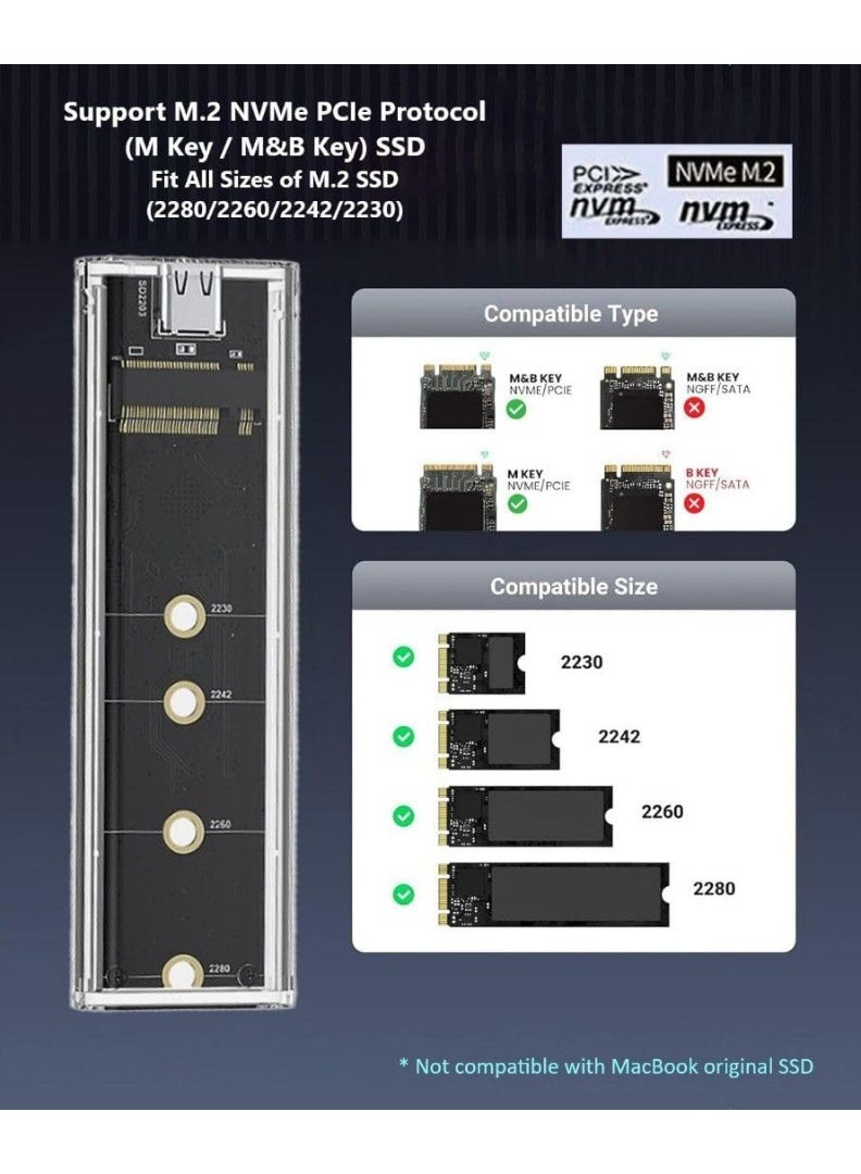 علبة M.2 SSD NVMe إلى USB-C 3.1 الجيل الثاني - علبة خارجية شفافة بدون أدوات مع أضواء LED RGB لمحركات M.2 بمقاسات 2230 2240 2280 - نقل بيانات 10 جيجابت/ثانية