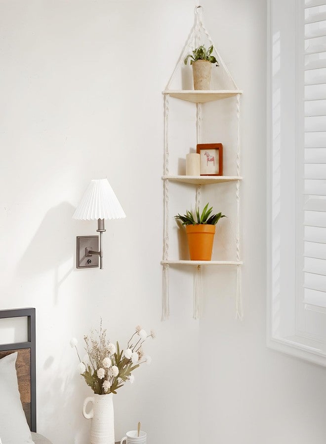 Artilady Macrame Corner Shelf Wall Hanging - 3 Tier White Floating Shelves Plant Corner Wall Decor, Boho Rustic Wood Plant Storage Rack for Bedroom Living Room Bathroom - Image 4