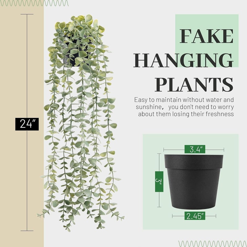 Der Rose 1Pcs Fake Plants Hanging Artificial Potted Faux Eucalyptus Plants for Modern Boho Farmhouse Bathroom Office Desk Wall Book Shelf Living Room Aesthetic Decor Indoor - Image 2