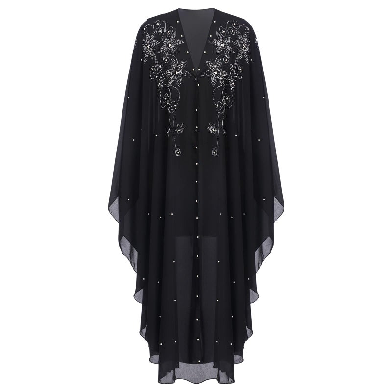 OBEEII Abayas for Women Muslim Abaya Long Sleeve Beaded Embroidery Maxi Dress Loose Full Cover Islamic Dubai Robe Kaftan Abayas BS01 One Size - Image 2