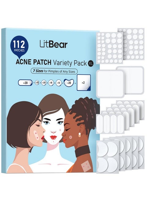 LitBear Large Pimple Patches (7 Sizes 112 Patches), Big Acne Patches, XL Hydrocolloid Bandages for Full Face, Forehead, Chin, Nose, Body, Back, Neck & Chest, Oval, Moon, Square hydrocolloid Patch