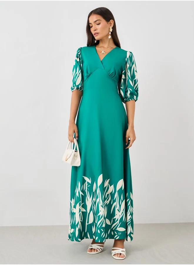 ستايلي Styli Printed Balloon Sleeves A-Line Maxi Dress