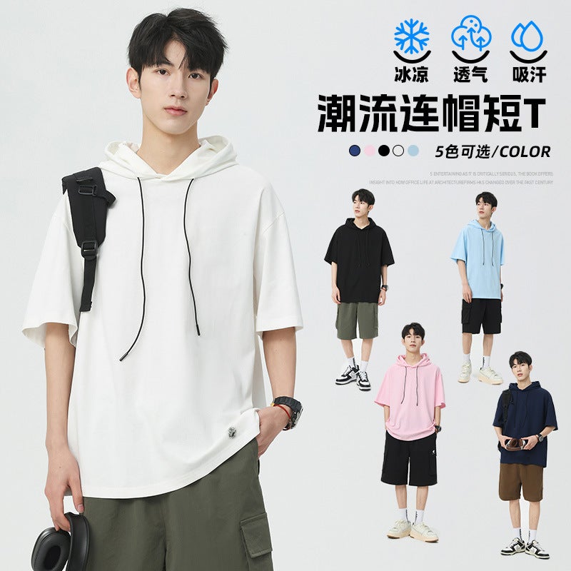Hooded T-Shirt Men'S Short-Sleeved Solid Color Sports Summer Sports Trendy Ins Hooded Hip-Hop Half-Sleeved T-Shirt Trendy Brand Men'S Wear - Image 3