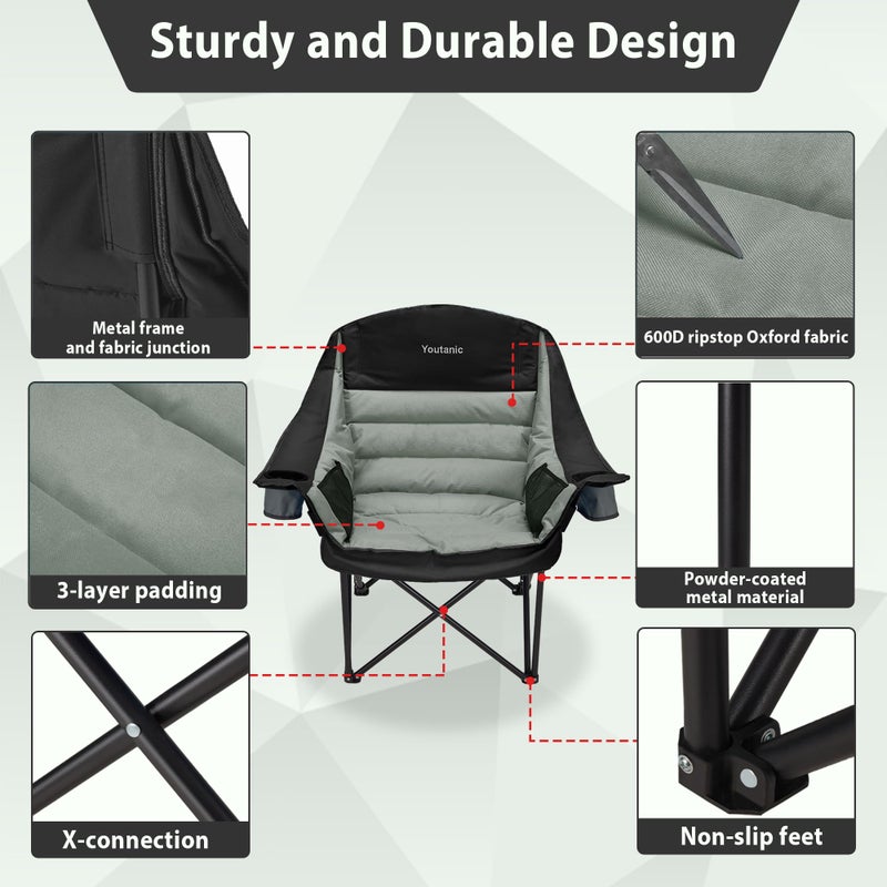 Youtanic Oversized Camping Chair, Portable Folding Camping Chairs with Side Pocket, Cup Holder and Carry Bag, Heavy Duty Outdoor Camping Chairs for Adults, Fishing, Sports, Trip, up to 400lbs, Style 4 - Image 4