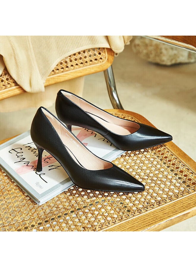 Aokang Official Women's Cowhide High Heel Shoes Black Professional Work Shoes Ol Pointed Shallow Mouth Single Shoes Black Size 39 - Image 2