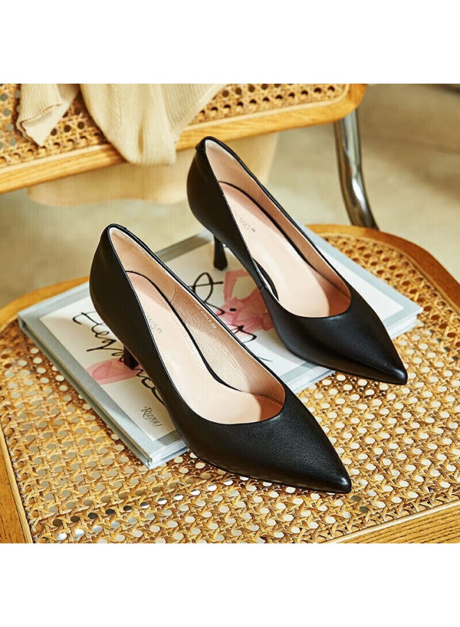 Aokang Official Women's Cowhide High Heel Shoes Black Professional Work Shoes Ol Pointed Shallow Mouth Single Shoes Black Size 39 - Image 4