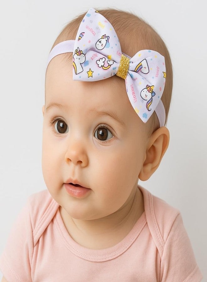 Fairytale Unicorn Print Hair Bow With Gold Glitter Centre Elastic Hair Band, Moon and Stars Pattern Headband For Baby Girls. (Purple, Small) - Image 2