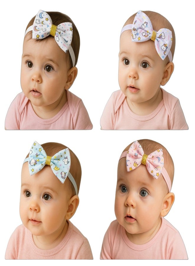 Fairytale Unicorn Print Hair Bow With Gold Glitter Centre Elastic Hair Band, Moon and Stars Pattern Headband For Baby Girls. (Purple, Small) - Image 3