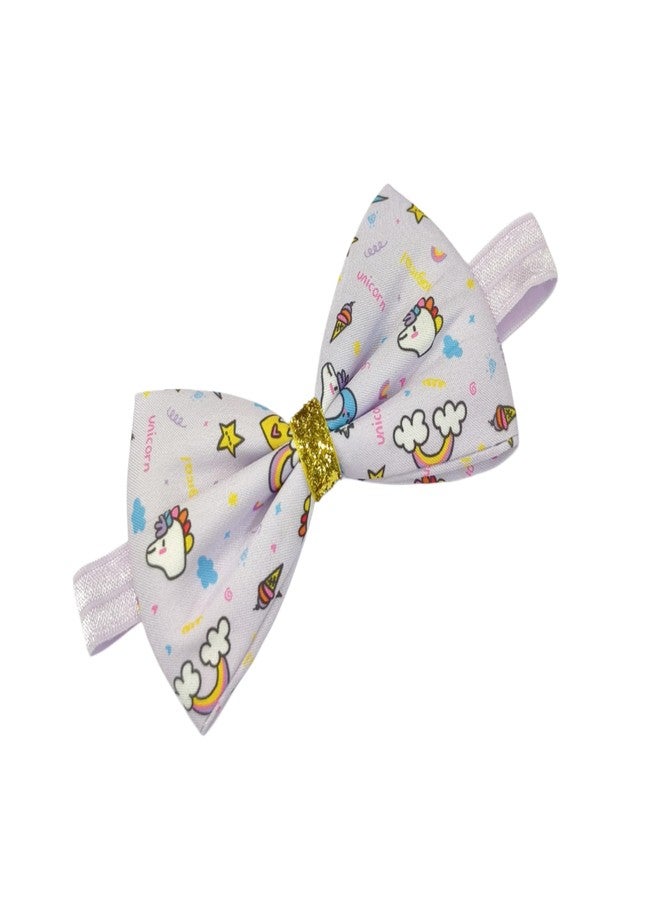 Fairytale Unicorn Print Hair Bow With Gold Glitter Centre Elastic Hair Band, Moon and Stars Pattern Headband For Baby Girls. (Purple, Small) - Image 4