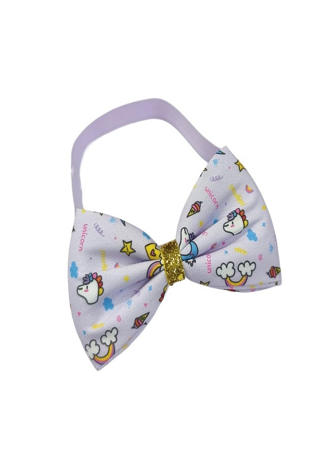 Fairytale Unicorn Print Hair Bow With Gold Glitter Centre Elastic Hair Band, Moon and Stars Pattern Headband For Baby Girls. (Purple, Small) - Image 1