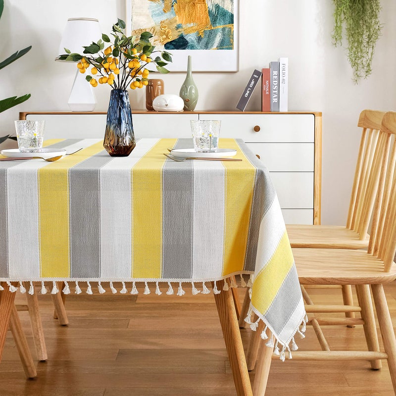 AmHoo AmHoo Striped Tassel Tablecloth Stitching Rectangle Table Cloth Cotton Linen Fabric Table Cover for Kitchen Dinning Tabletop 55 x 102 Inch Yellow