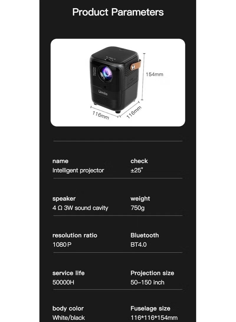 Umiio A008 Intelligent Smart Projector, 1080P HD Android Projector with 5G WiFi & Bluetooth, Auto Quadrangle Trapezoid Correction, Wireless Screen Casting for Movies, Music, TV & Gaming - Image 4