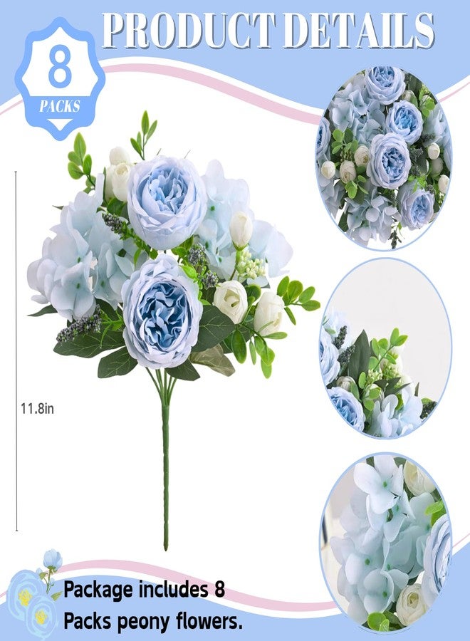 ASTRYAS 8Pcs Peonies Artificial Flowers, Blue Hydrangea Bridal Artificial Peonies, Silk Peony Flowers Fake Artificial Flowers Bouquet for Centerpiece Table Wedding Party Home Decor - Image 2