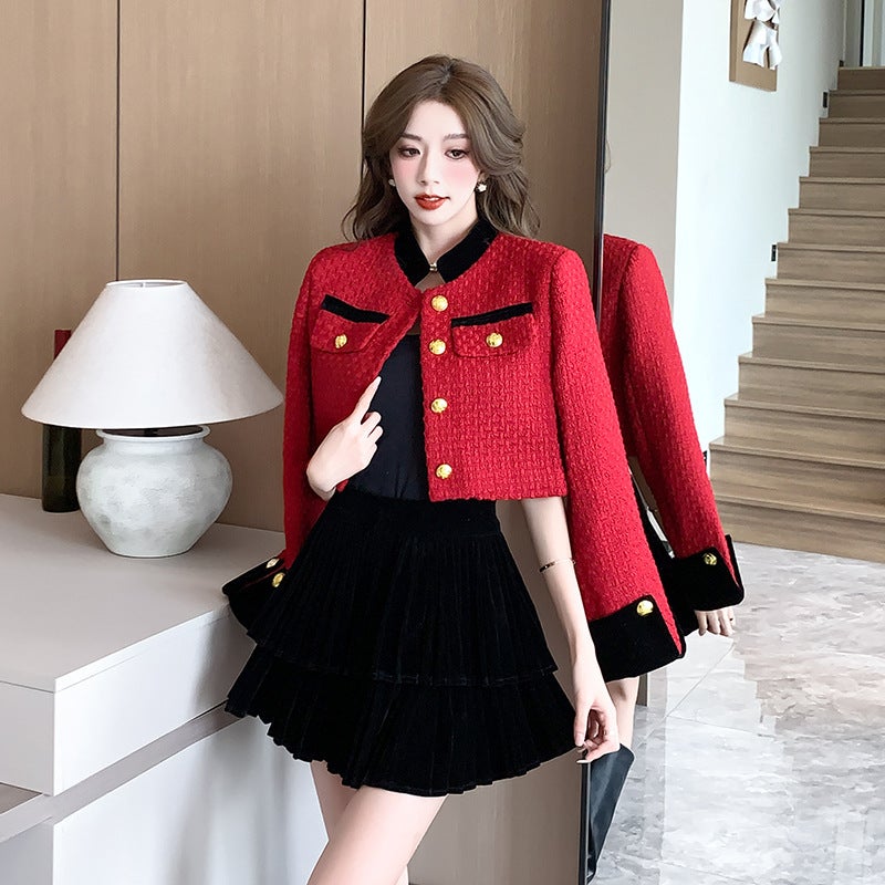 Chic Velour Dress  Jacket Set Women Autumn/Winter 2023 Red coat