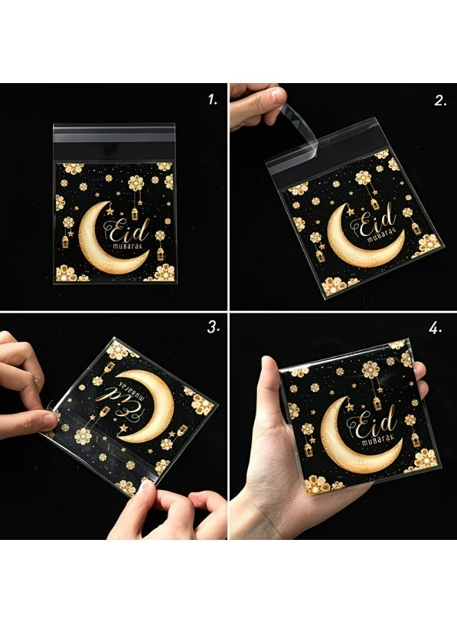 Kandid 50pcs Eid Black & Gold Self-Sealing Candy Bags, Crescent Moon, Lantern & Star Pattern Eid Mubarak Gift Bags, Gift Packaging Bags, Chocolate Cookies Baking Bags, Candy Packaging Bags, Ramadan Decorations, Eid Mubarak Decorations, Ramadan Party Supplies - Image 2