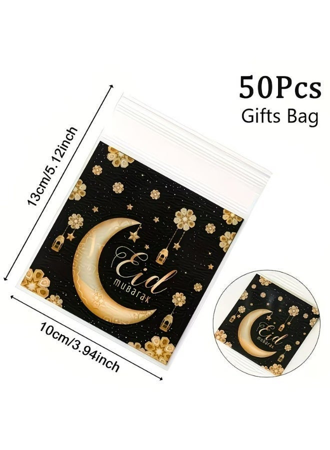 Kandid 50pcs Eid Black & Gold Self-Sealing Candy Bags, Crescent Moon, Lantern & Star Pattern Eid Mubarak Gift Bags, Gift Packaging Bags, Chocolate Cookies Baking Bags, Candy Packaging Bags, Ramadan Decorations, Eid Mubarak Decorations, Ramadan Party Supplies - Image 4