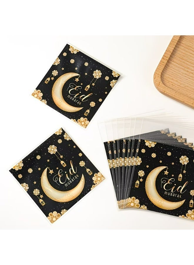 Kandid 50pcs Eid Black & Gold Self-Sealing Candy Bags, Crescent Moon, Lantern & Star Pattern Eid Mubarak Gift Bags, Gift Packaging Bags, Chocolate Cookies Baking Bags, Candy Packaging Bags, Ramadan Decorations, Eid Mubarak Decorations, Ramadan Party Supplies - Image 1