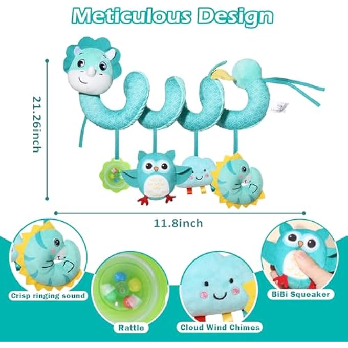 PRAM TOY BABY SEAT COT SPIRAL TOY - ACTIVITY SPIRAL HANGING TOY TRAVEL ACTIVITY TOY BABY SPIRAL PLUSH TOY FOR TODDLERS FROM 0+ MONTHS (DINOSAUR) - Image 4