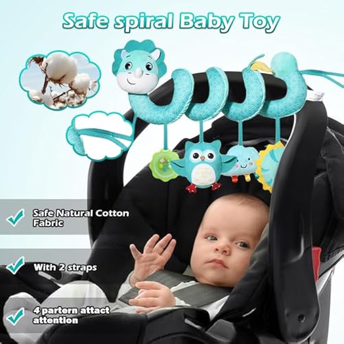 PRAM TOY BABY SEAT COT SPIRAL TOY - ACTIVITY SPIRAL HANGING TOY TRAVEL ACTIVITY TOY BABY SPIRAL PLUSH TOY FOR TODDLERS FROM 0+ MONTHS (DINOSAUR) - Image 5