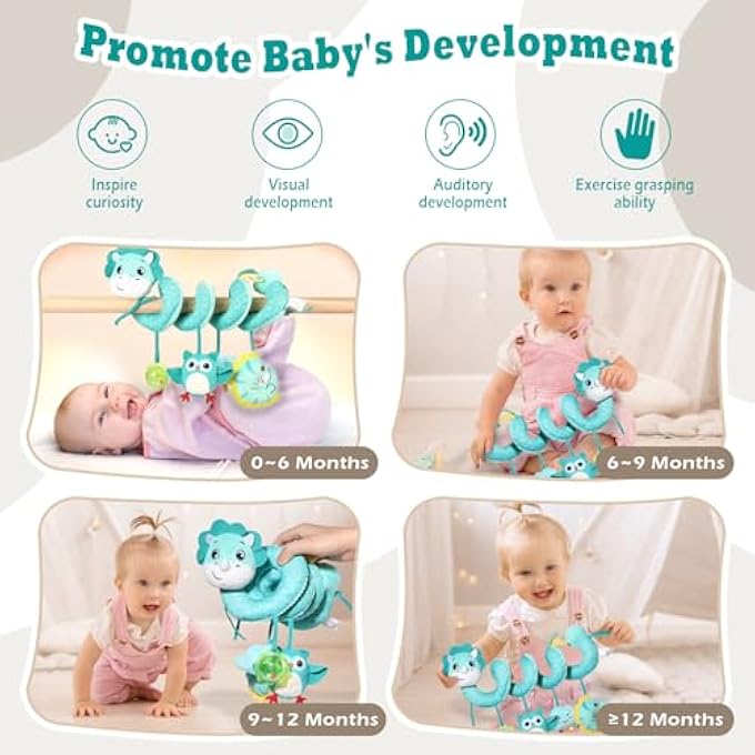 PRAM TOY BABY SEAT COT SPIRAL TOY - ACTIVITY SPIRAL HANGING TOY TRAVEL ACTIVITY TOY BABY SPIRAL PLUSH TOY FOR TODDLERS FROM 0+ MONTHS (DINOSAUR) - Image 3