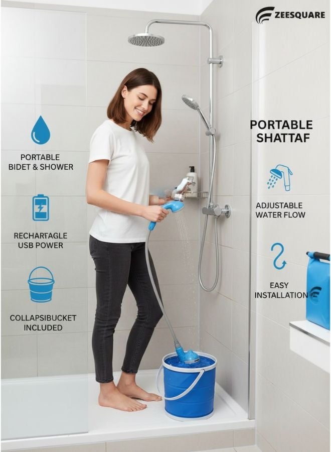 ZEESQUARE Rechargeable Portable Shattaf – Electric Shower with Foldable Bucket, USB Charging, and Long Hose for Outdoor, Car Wash, and Personal Hygiene - Image 3