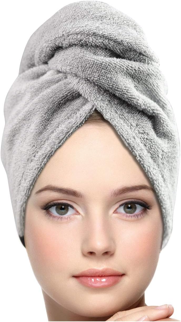 KEEPOZ Hair Towel Wrap Quick Dry 100 Cotton Super Absorbent Turban Head Wrap for Women with Button Non Microfiber Anti Frizz Hair Products Hair Cap for Curly Long  Thick Hair Grey 1 Pc