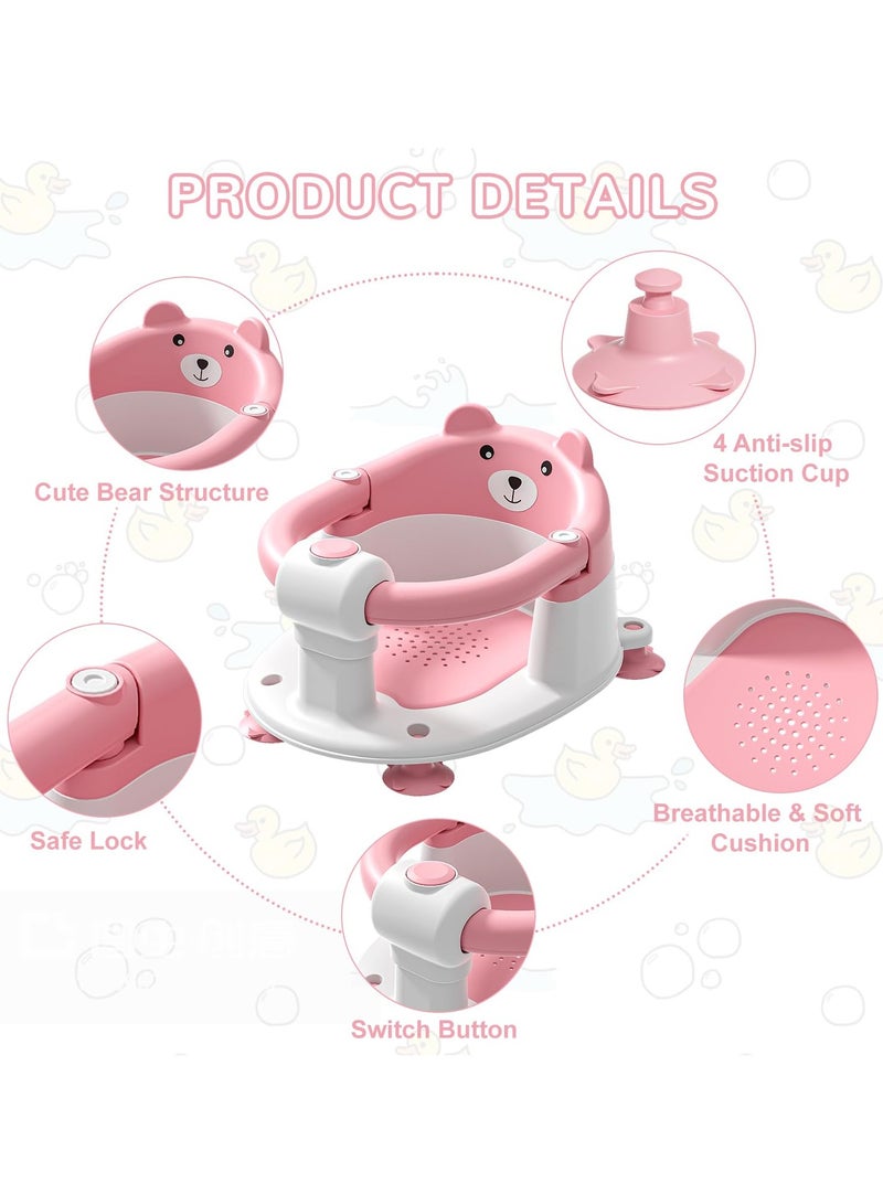 جوبيلين مقعد استحمام للأطفال الرضع 6 أشهر وما فوق، مقعد استحمام للأطفال الصغار مانع للانزلاق، كرسي استحمام آمن للرضع وحديثي الولادة مع 4 أكواب شفط ووسادة ناعمة للاستحمام، وردي - Image 3