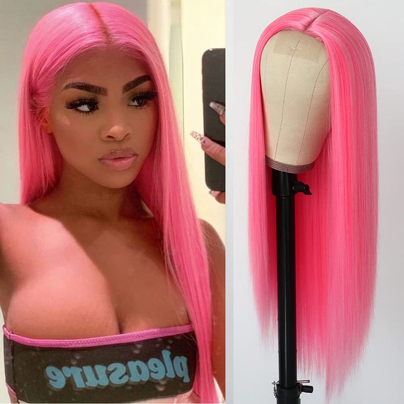 QDTizer Pink Synthetic Hair Wigs Natural Red Pink Mixed Long Straight Hair Heat Resistant Synthetic Wigs for Fashion Women
