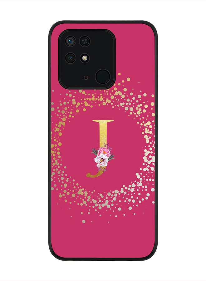 Stylizedd Rugged Black Edge Case for Redmi 10C 4G , Slim fit Rubber Edges Thin Cover -  Custom Monogram Initial Letter Floral Pattern Alphabet - J (Dark Pink Rose) - Image 1