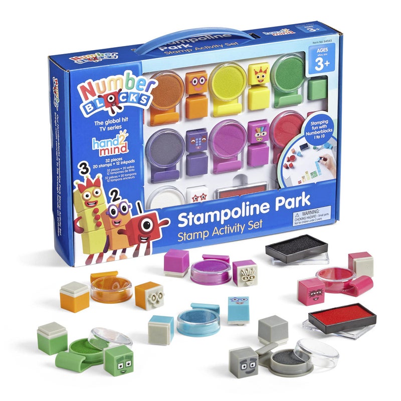 hand2mind hand2mind Numberblocks Stampoline Park Stamp Activity Set, 20 Stamps, 12 Washable Ink Pads, Number Toys, Kids Arts & Crafts, Preschool Math Toys, Toddler Learning Activities, Birthday Gifts for Kids  - Image 1