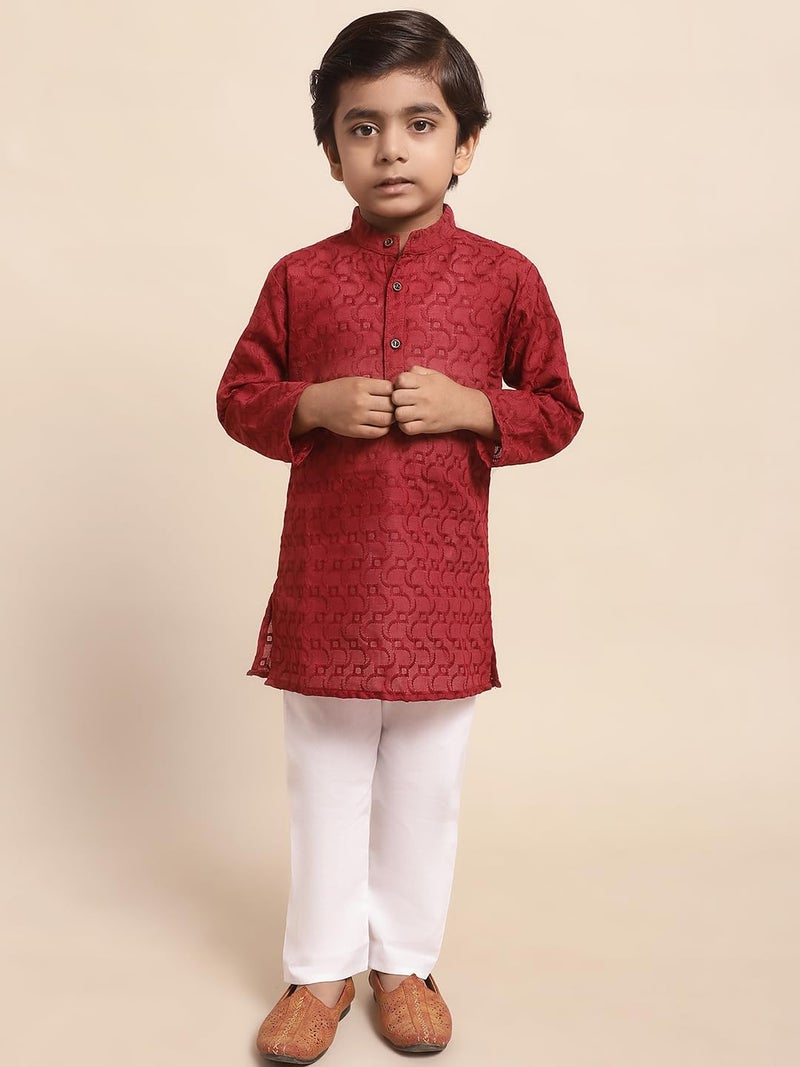 superminis Baby Boys Ethnic Wear Colored Cotton Geometric Chikankari Kurta, Round Collar, Full Sleeves With White Pyjama, Kurta Set (Maroon, 6-12 Months) - Image 2