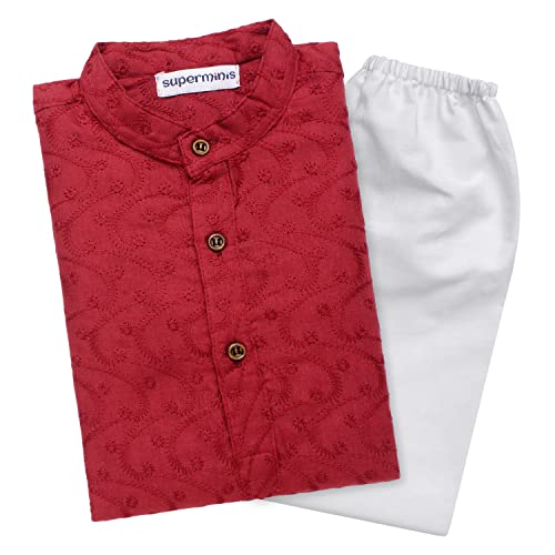 superminis Baby Boys Ethnic Wear Colored Cotton Geometric Chikankari Kurta, Round Collar, Full Sleeves With White Pyjama, Kurta Set (Maroon, 6-12 Months) - Image 1