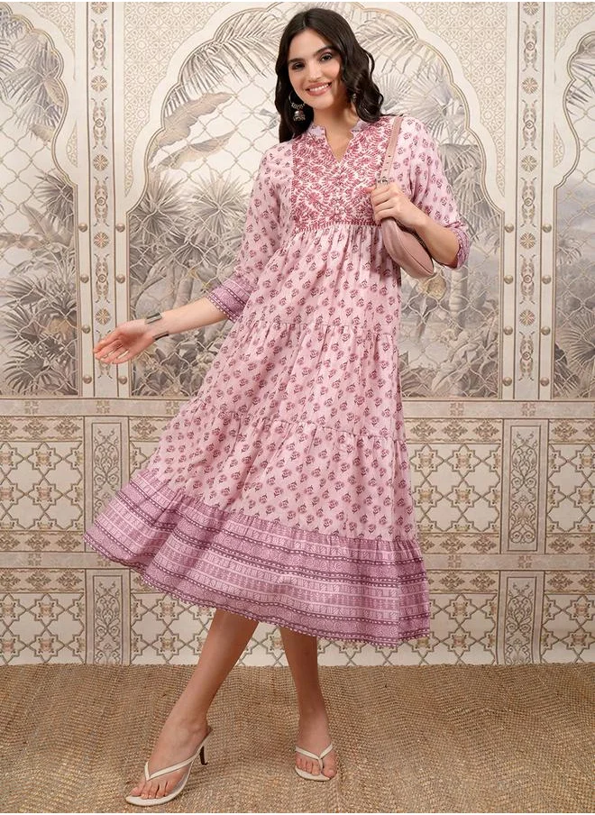 فيشود Vishudh Women Pink Ethnic Motifs Printed A-Line Midi Dress