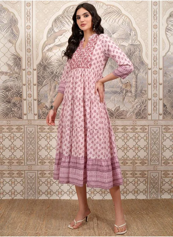 فيشود Vishudh Women Pink Ethnic Motifs Printed A-Line Midi Dress