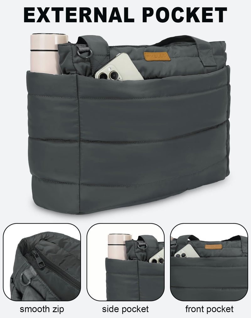 FHELAD Puffer Tote Bag for Women, Large Quilted Puffer Work Tote Bag with Zipper & Cup Holder for Nurse Teacher, Lightweight Travel Puffy Shoulder Bag for Clinical Gym (Grey Tote Bag) - Image 3