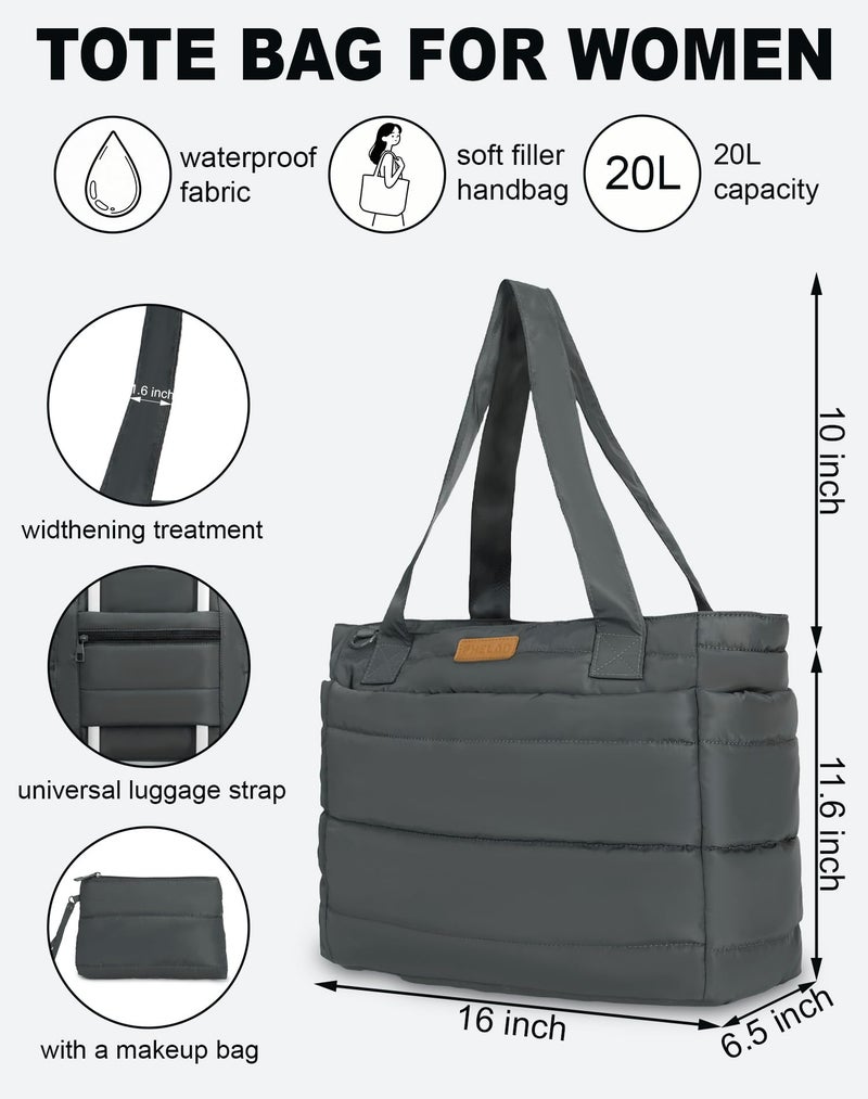 FHELAD Puffer Tote Bag for Women, Large Quilted Puffer Work Tote Bag with Zipper & Cup Holder for Nurse Teacher, Lightweight Travel Puffy Shoulder Bag for Clinical Gym (Grey Tote Bag) - Image 5