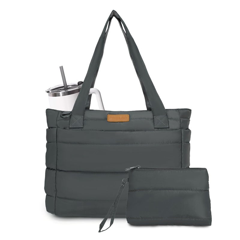 FHELAD Puffer Tote Bag for Women, Large Quilted Puffer Work Tote Bag with Zipper & Cup Holder for Nurse Teacher, Lightweight Travel Puffy Shoulder Bag for Clinical Gym (Grey Tote Bag) - Image 1