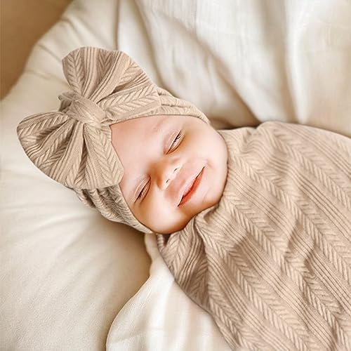 DRESHOW BQUBO Baby Swaddle Blankets for Girls 4PCS Newborn Accessories Set with Hat and Bow Headband with Hello World Wooden Birth Announcement Card Baby Blankets for Girls - Image 3